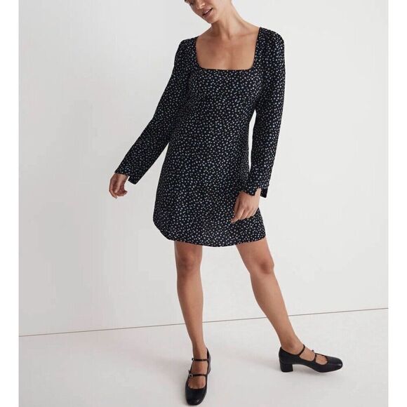 MADEWELL Dress Womens 2 Long Sleeve Mini NEW Ditsy Floral Black Blue NM453 - Picture 1 of 15